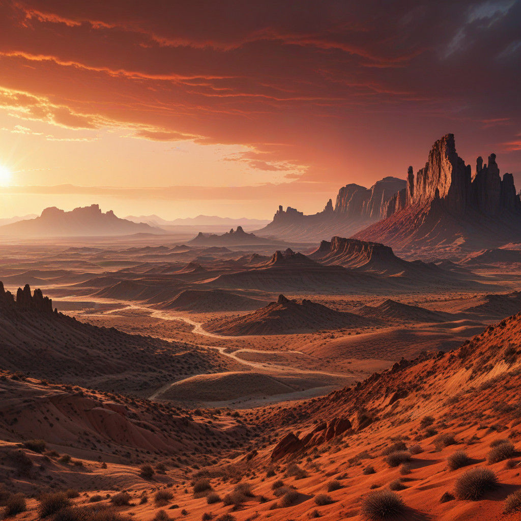 Epic Desert Landscape Under Vibrant Red Sunset