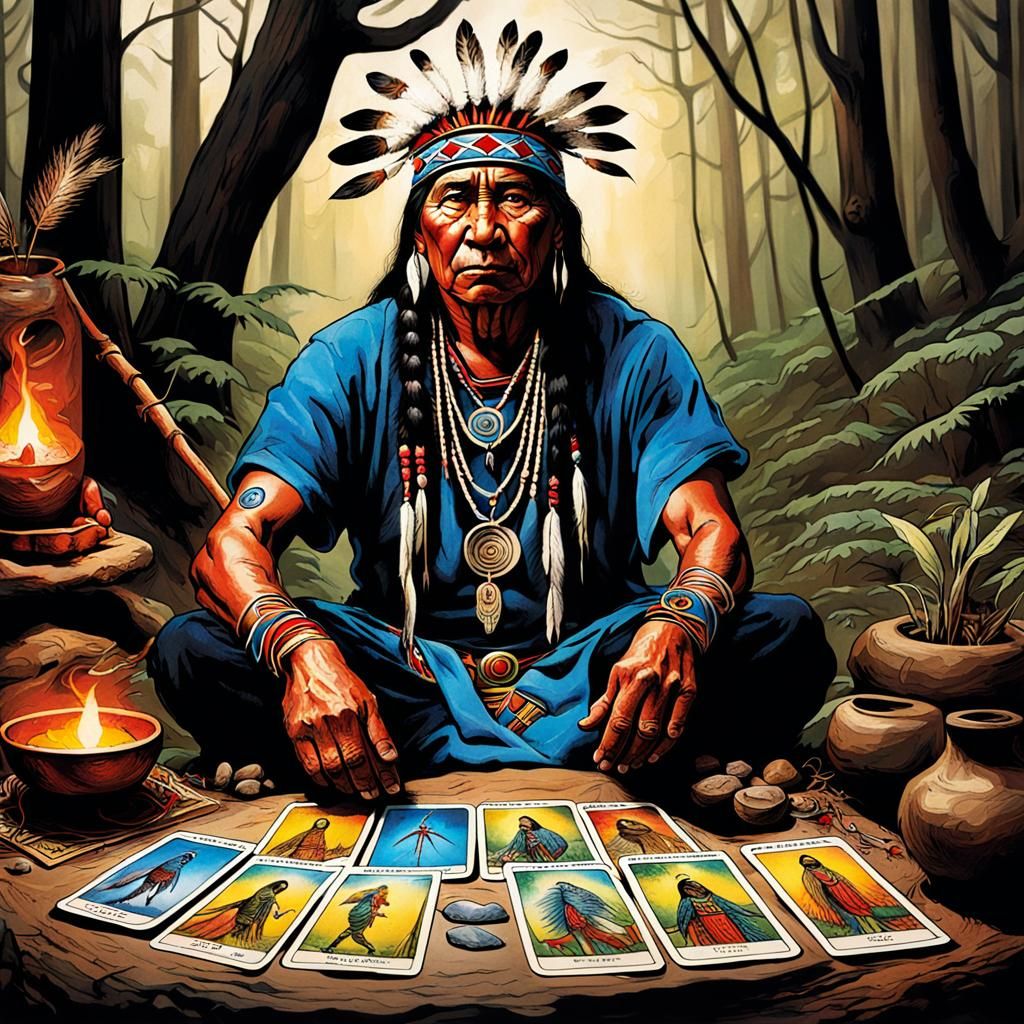 Native American Shaman Reads Tarot Cards