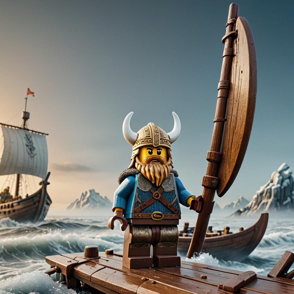 Lego Viking on Ship: Digital Art Inspired by Stalenhag