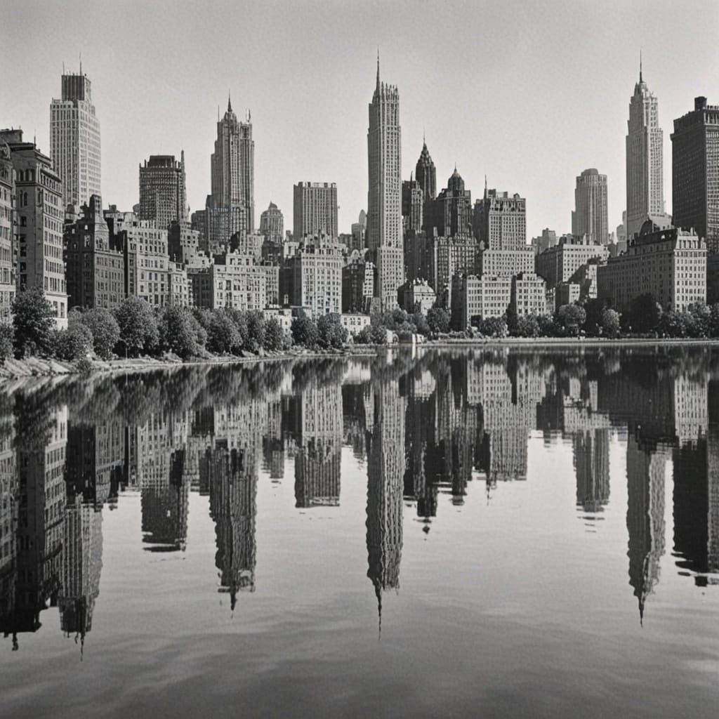 Vintage Greyscale Cityscape by a Shimmering Lake