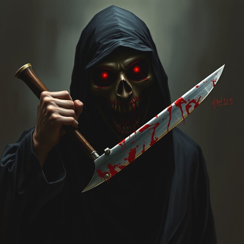 Mysterious Figure in Black with Bloody Knife