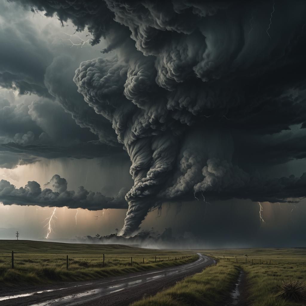 Ominous Landscape: Dark Tornado on the Horizon