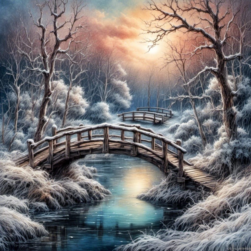 Winter Creek Bridge in Watercolor by Margoline Bastine