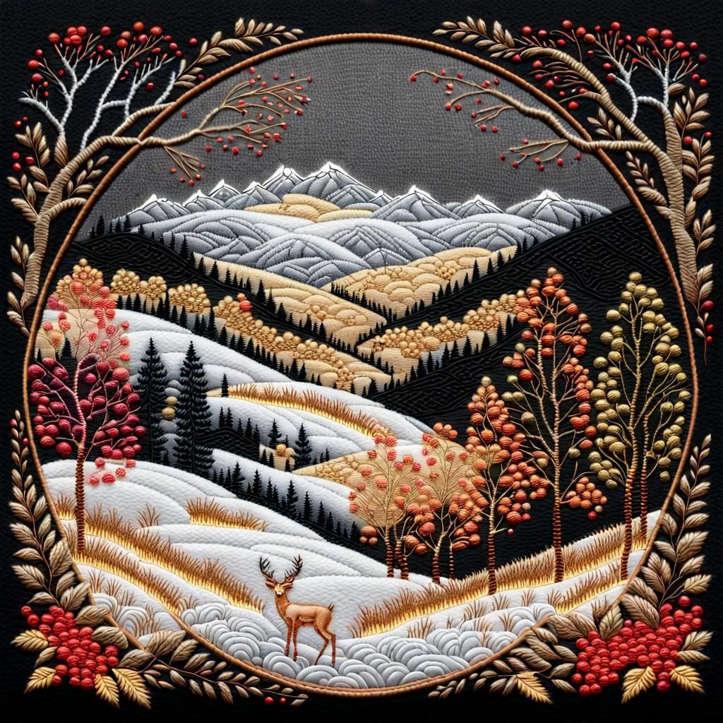 Embroidered Winter Landscape with Deer in Folk Art Style