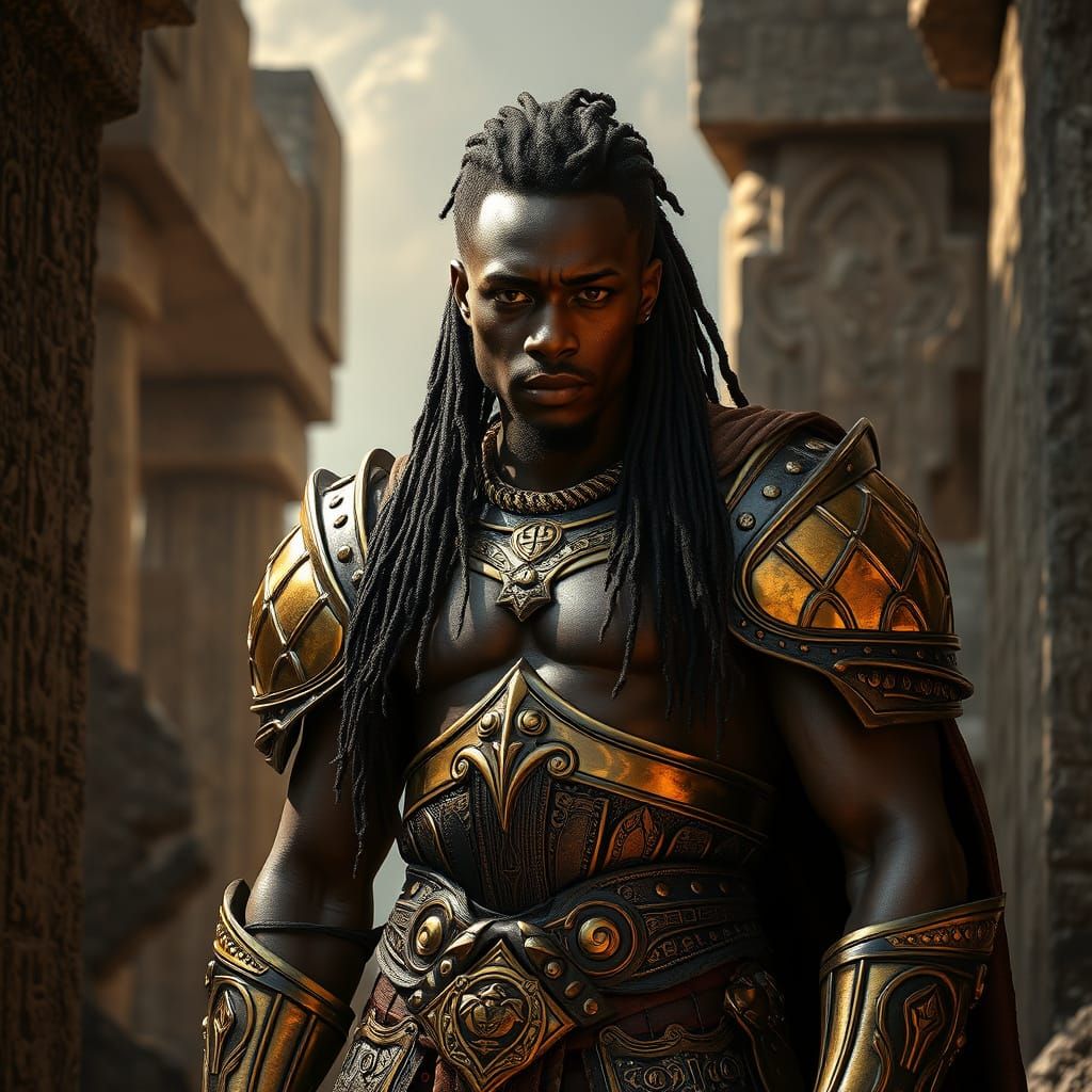 Medieval African Warrior in Majestic Armor, Ancient Ruins