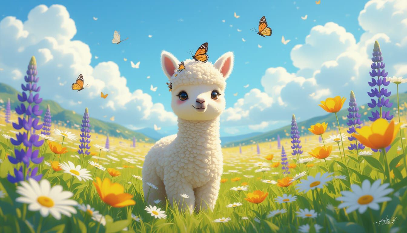 Pastel Alpaca in Flower Field, 3D Anime Style
