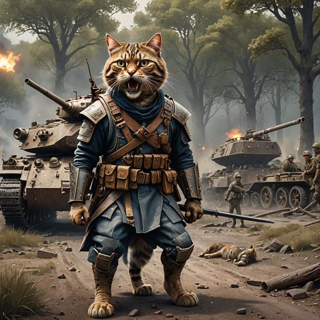 Cat-Person Warrior Leads Troops in Matte Painting Style