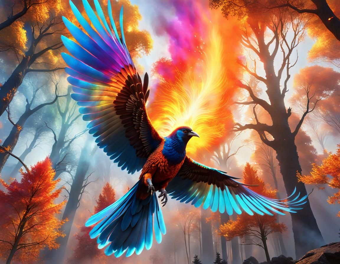 Majestic Bird Soaring Through Fiery Forest