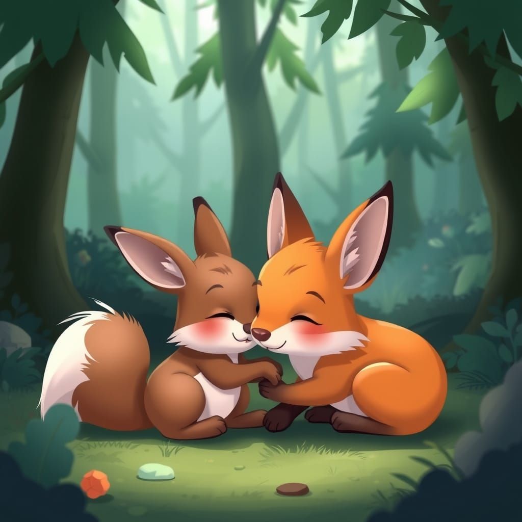 Cartoon Rabbit and Fox Cuddling in Forest