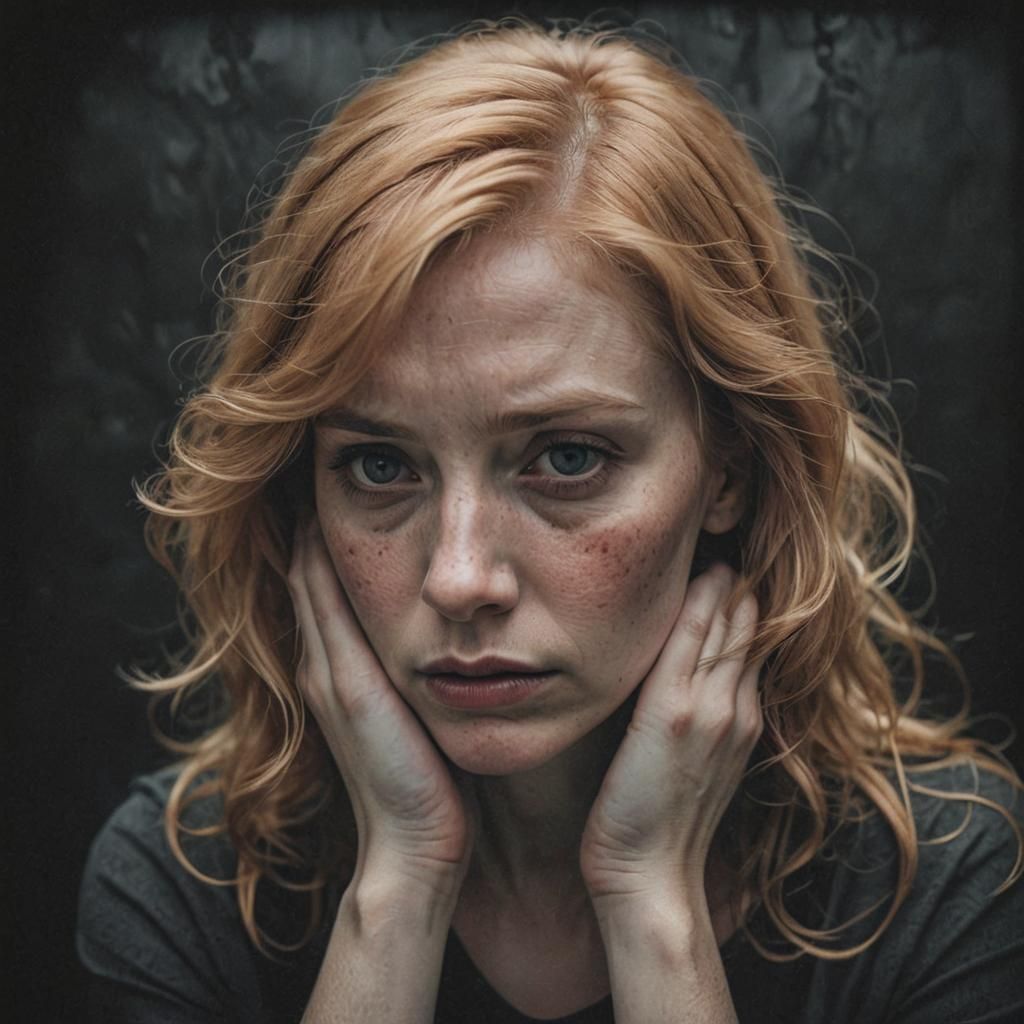 Melancholy Strawberry Blond Woman in Dark Scenery