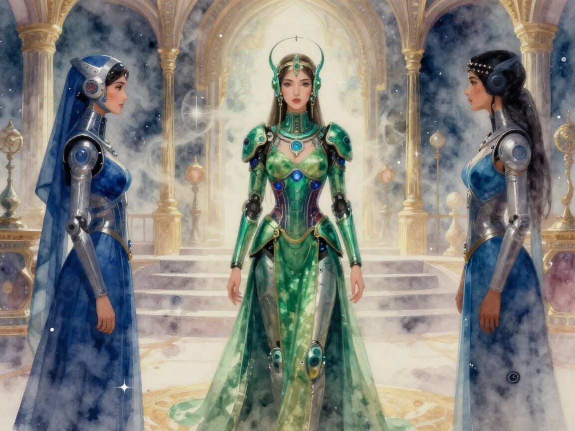 Central Asian Queen in Cyberpunk Mansion Watercolor Painting