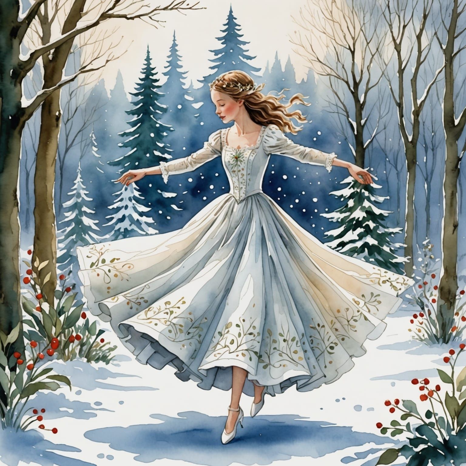 Fairytale Girl Dancing in Winter Garden Watercolor