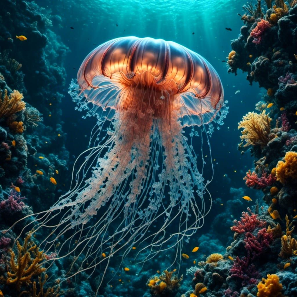 Bioluminescent Jellyfish Over Coral Reef
