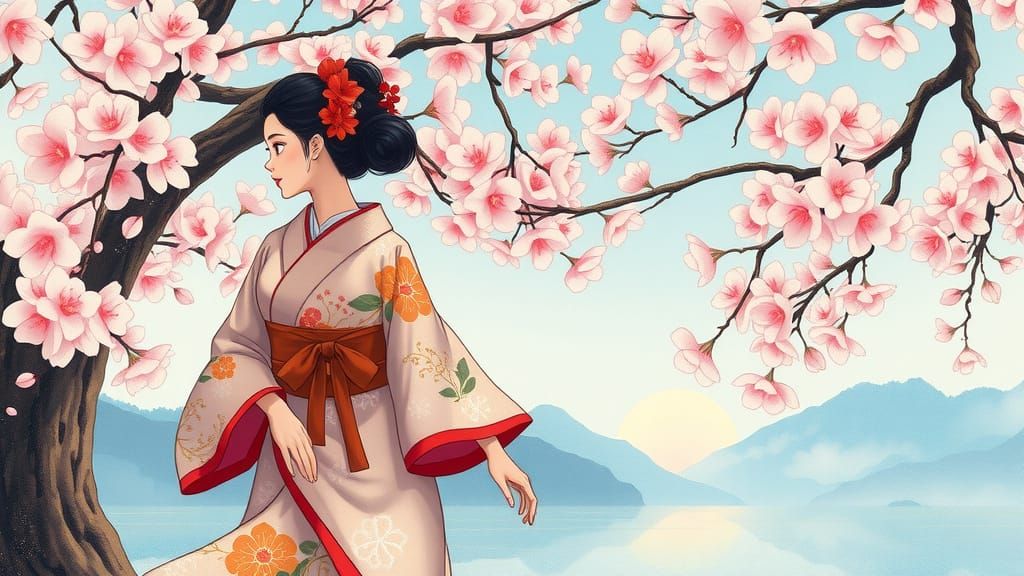 Dancing Japanese Girl in Cherry Blossom Garden