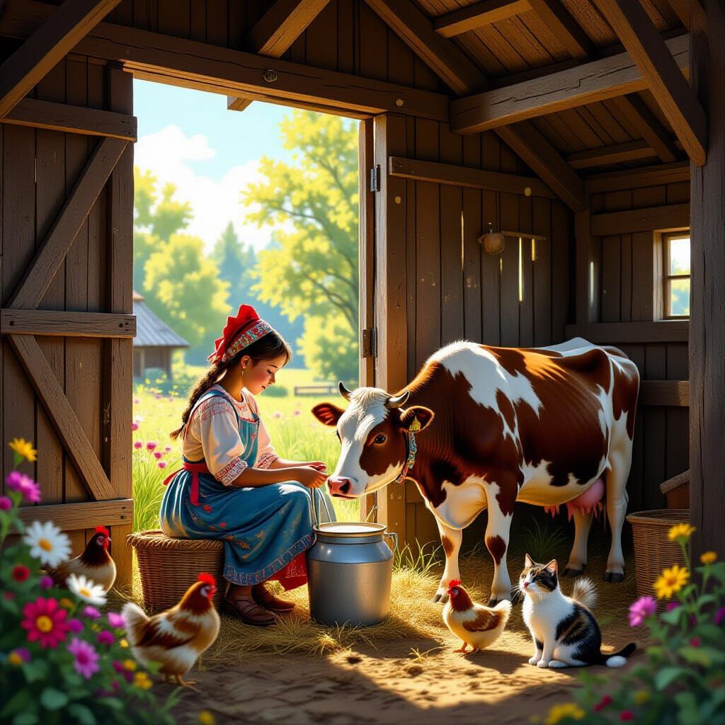 Rustic Barn Scene: Peasant Girl Milking Cow