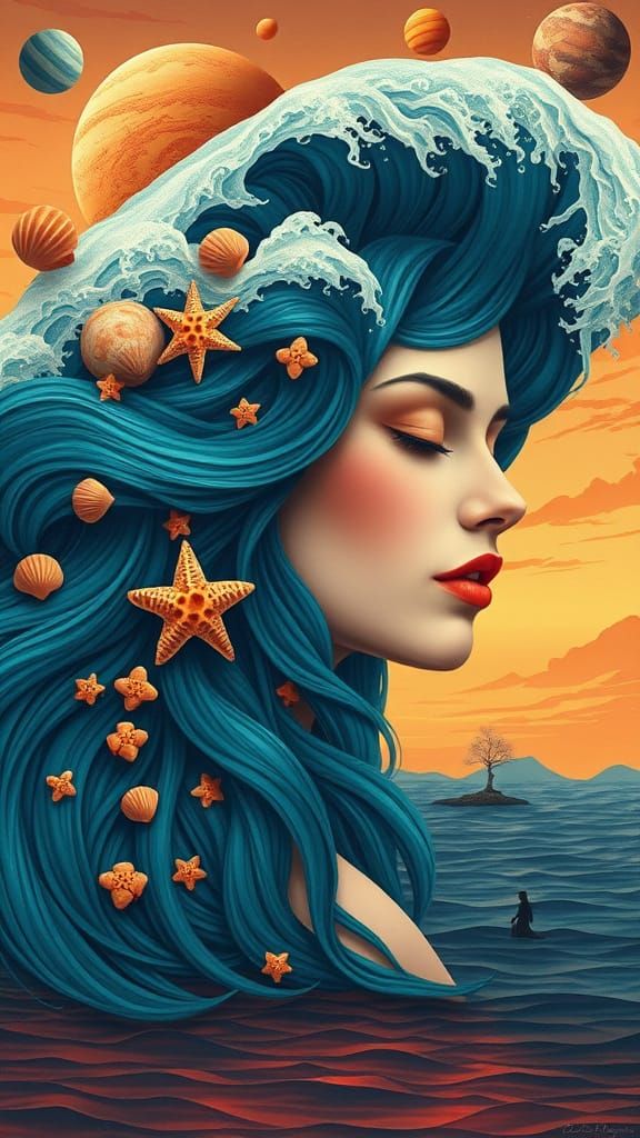 Serene Cosmic Beauty with Ocean Wave Hair
