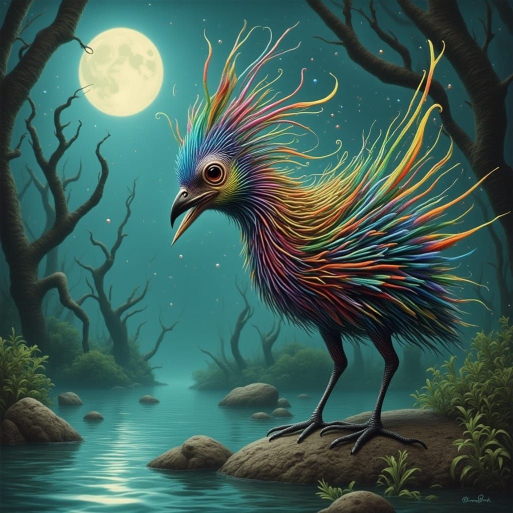 Bioluminescent Bird Emitting Tentacular Rainbow Light