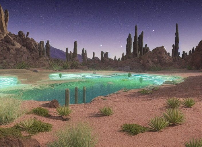 Luminous Mercury Stream in Crystalline Desert, Anime Art