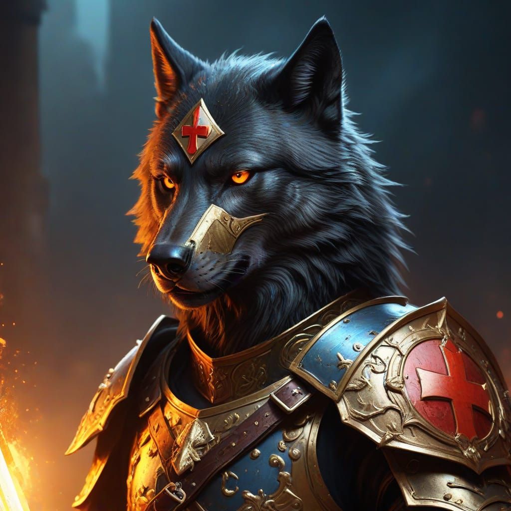 Armored Black Wolf with Fiery Sword Fantasy Art
