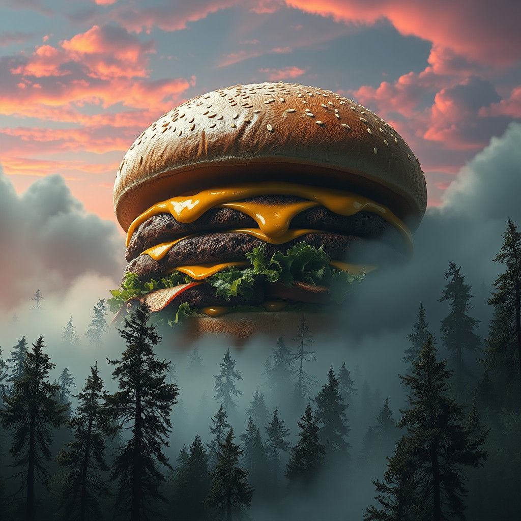 Giant Cheeseburger in Mystical Forest, Cinematic Lighting