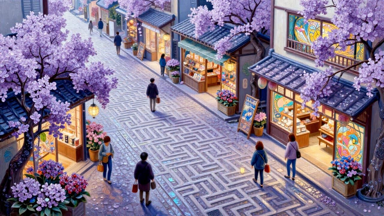 Cosmic Labyrinth Stores Shopping Scene in Holographic Lavend...