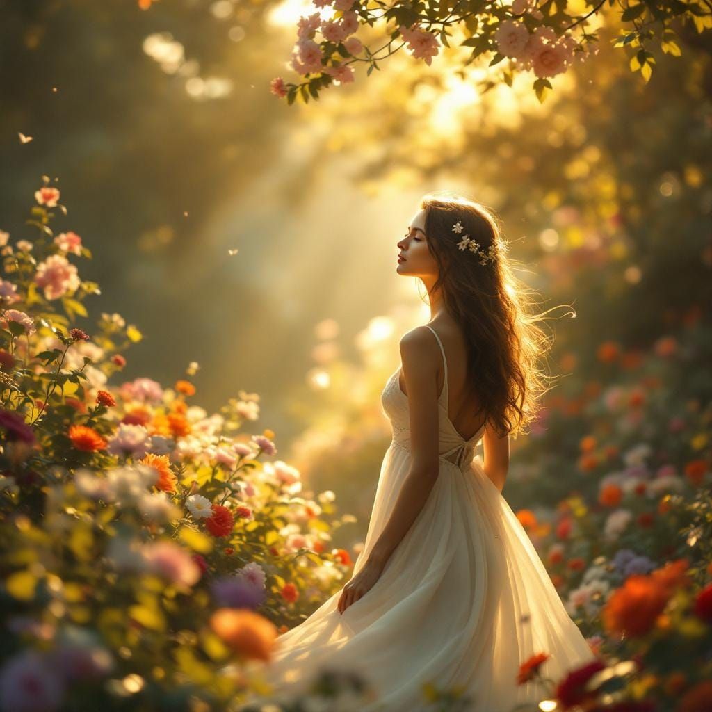 Ethereal Woman in Eternal Gardens with Golden Light