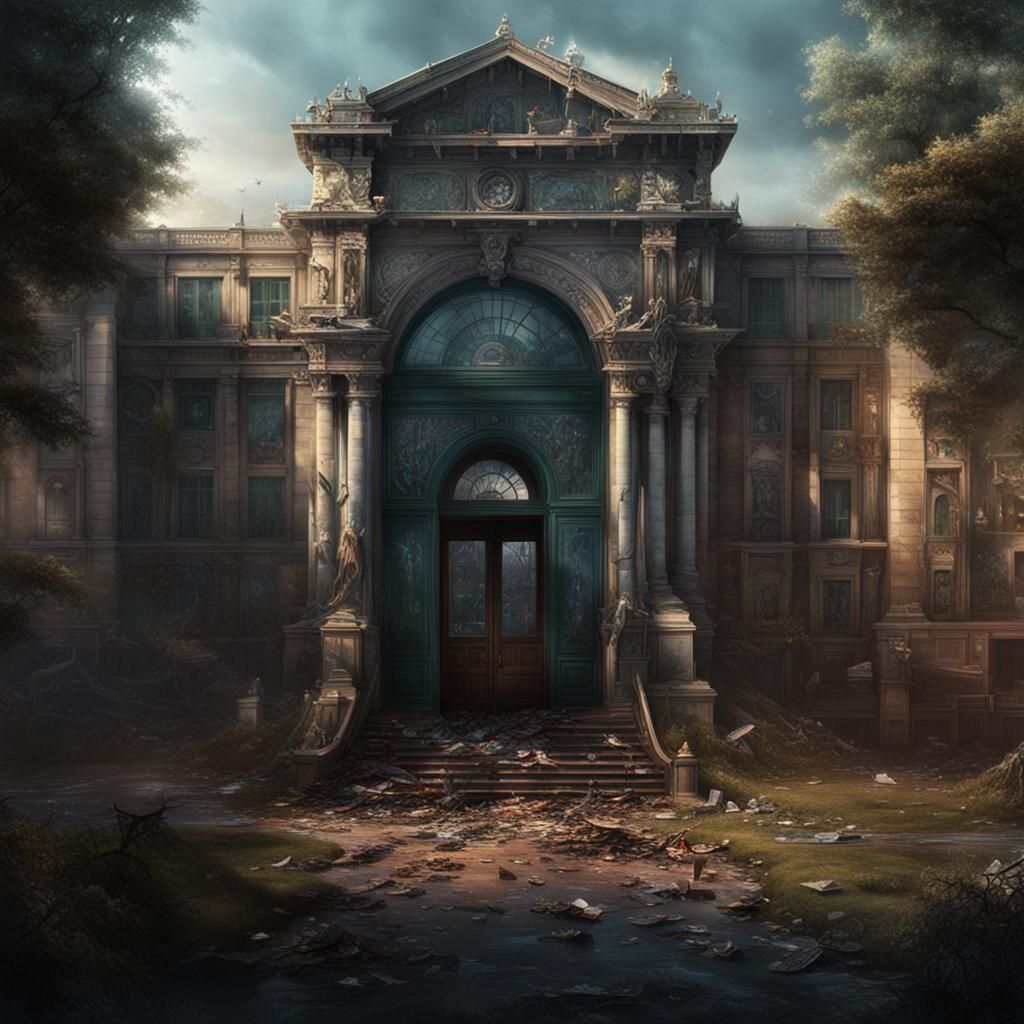 Eerie School Entrance with Teenagers: Digital Matte Painting