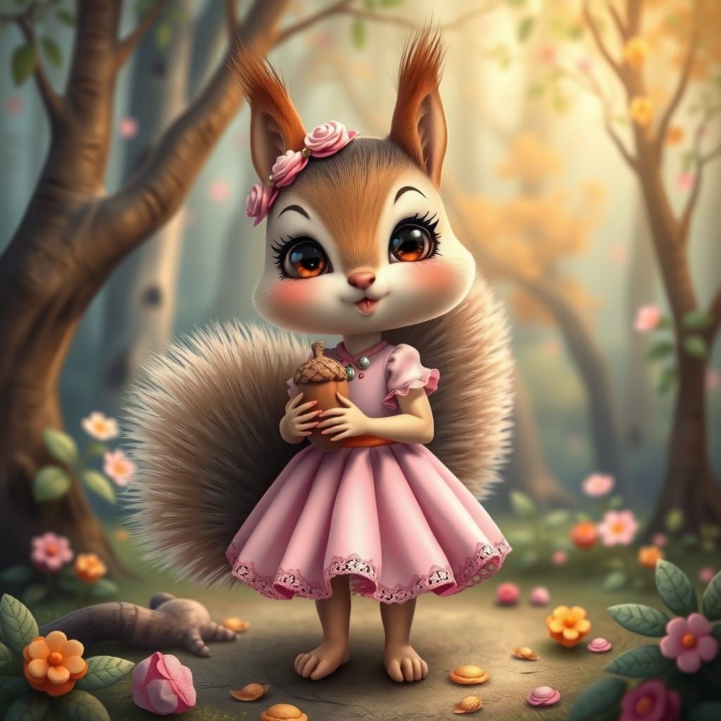 Kawaii Squirrel Girl in Whimsical Forest