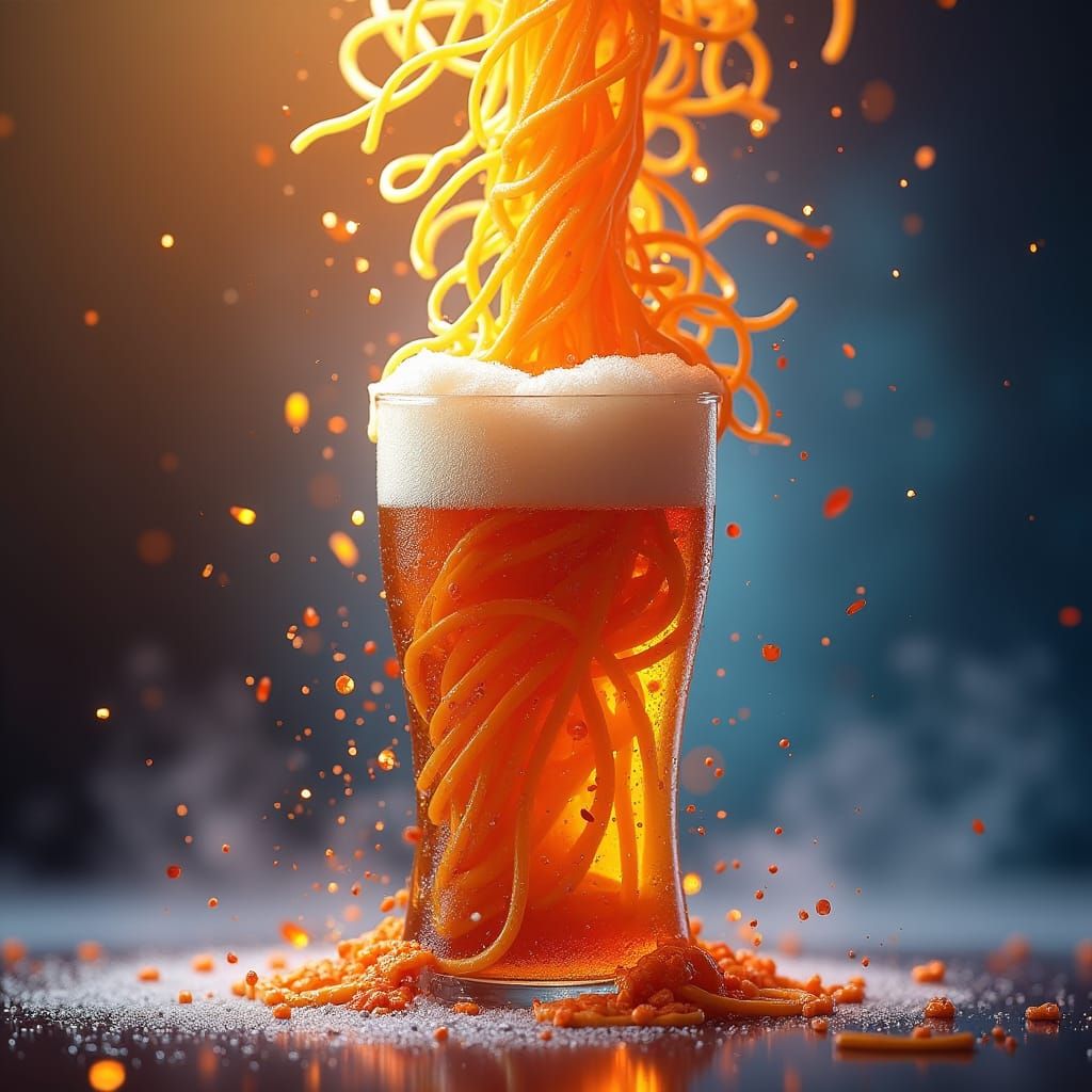 Spaghetti Erupts from Beer in Hyper-Realistic Fantasy