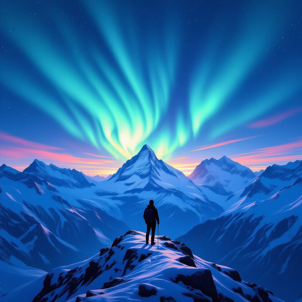 Hiker on Alpine Ridge Under Aurora Sky