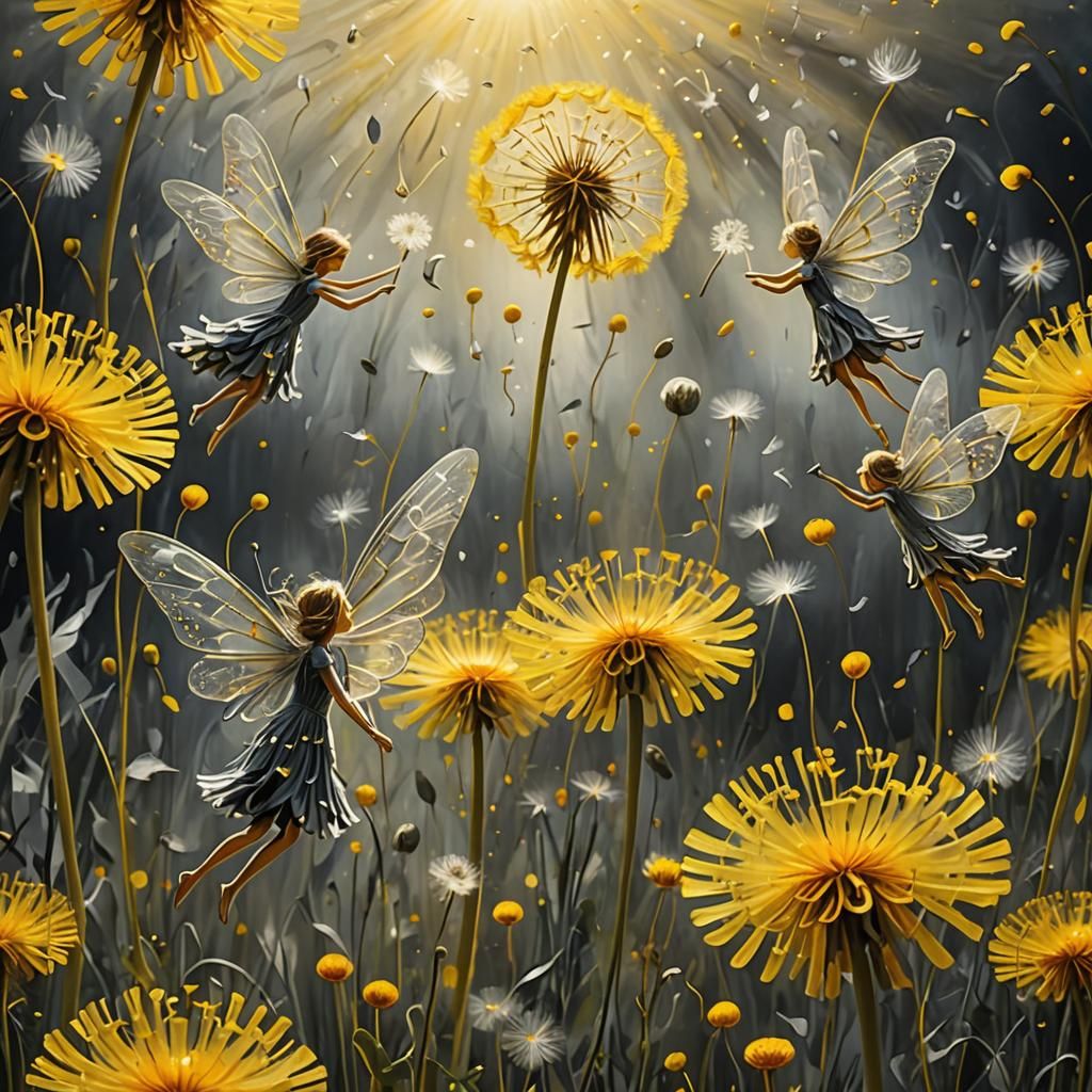 Winged Fairies in Dandelion Dreamscape, Surrealist Style