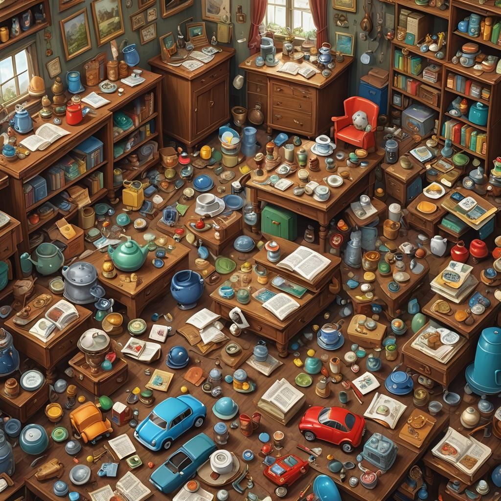 an image reminiscent of a 'find a hidden object' game. The scene should be a cluttered room filled with a variety of dif...