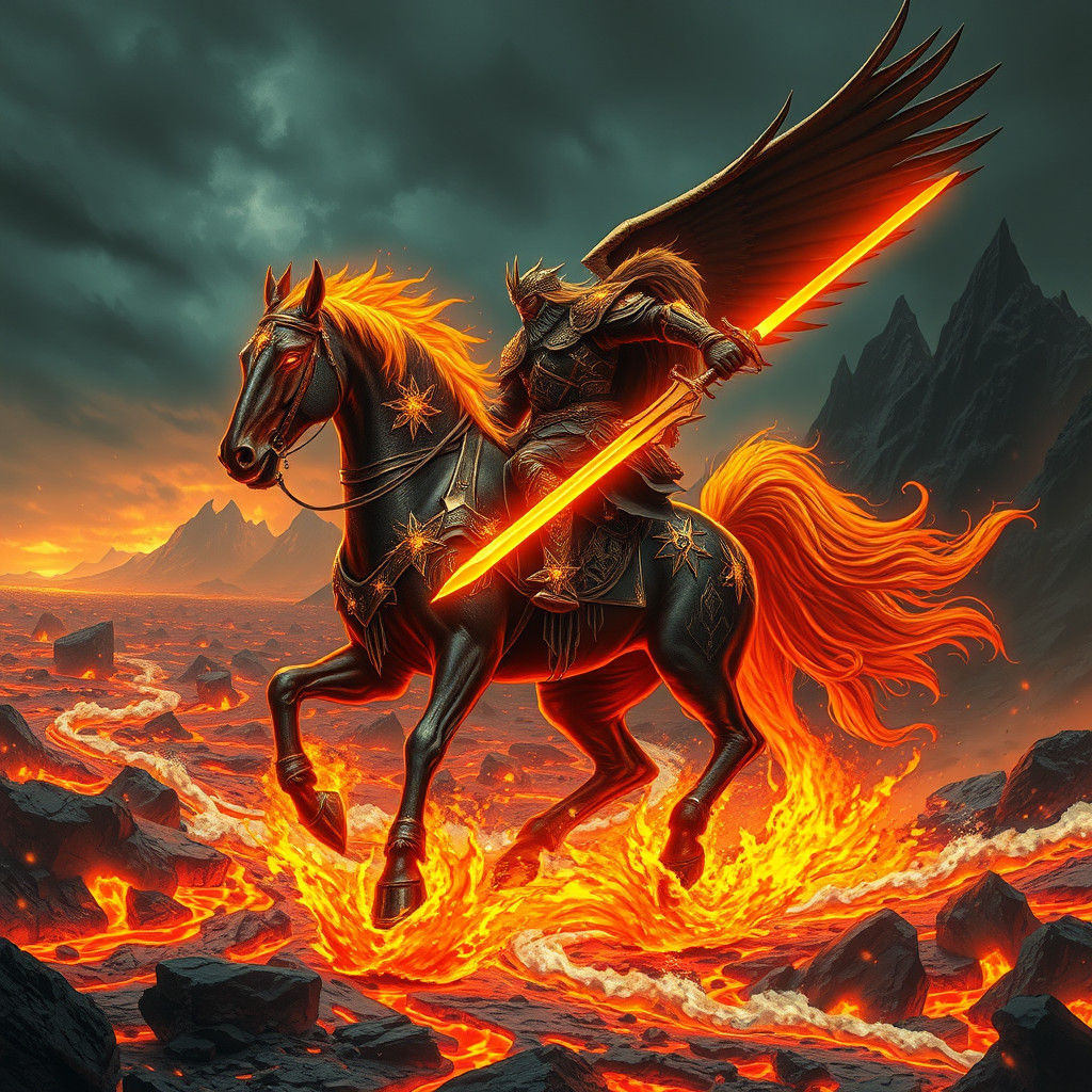 Ethereal Warhorse Striding Through Lava Rivers