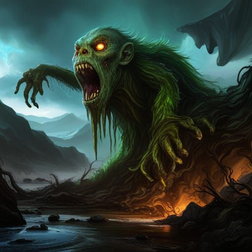 Primeval Monster Vomiting in Detailed Matte Painting