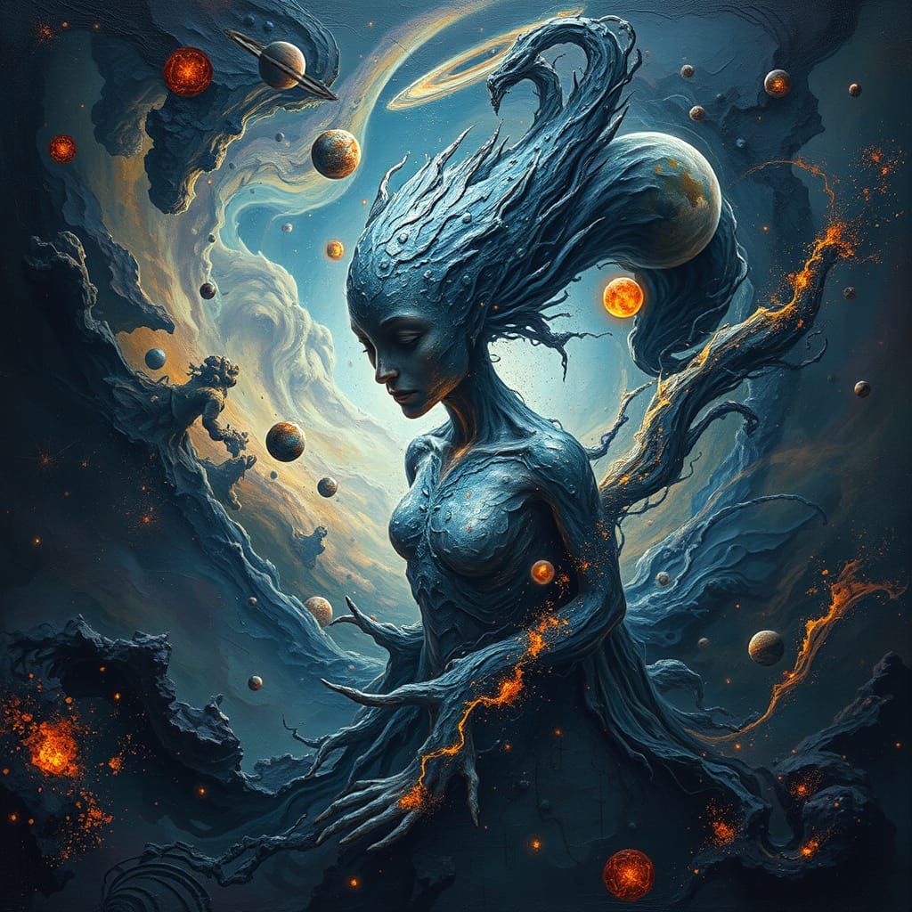 Cosmic Entity Unfolds from Swirling Nebulae in Impasto Digit...