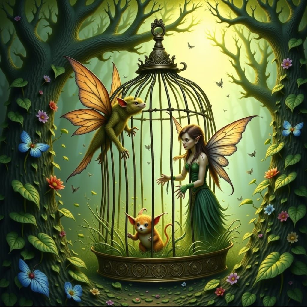 Fairy and Pet Trapped in Forest Birdcage