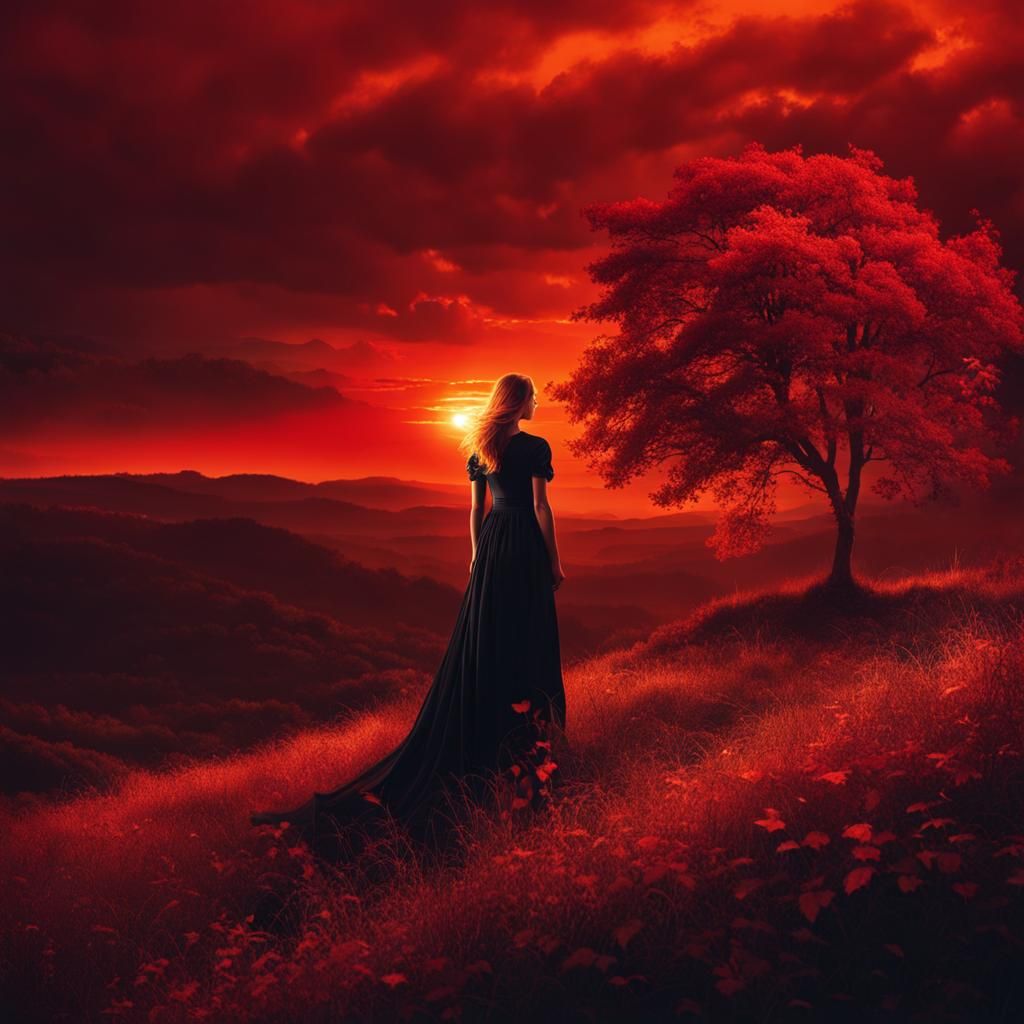 Mythical Sunset: Girl on Hill in Dramatic Light