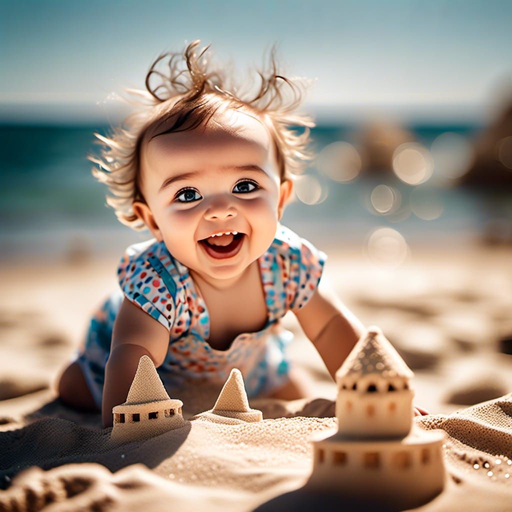 Adorable Baby Laughing on Beach with Sandcastle
