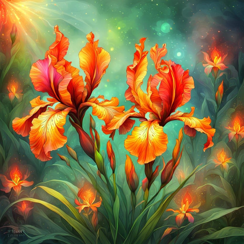 Glowing Fire Iris Flower in Digital Painting Style