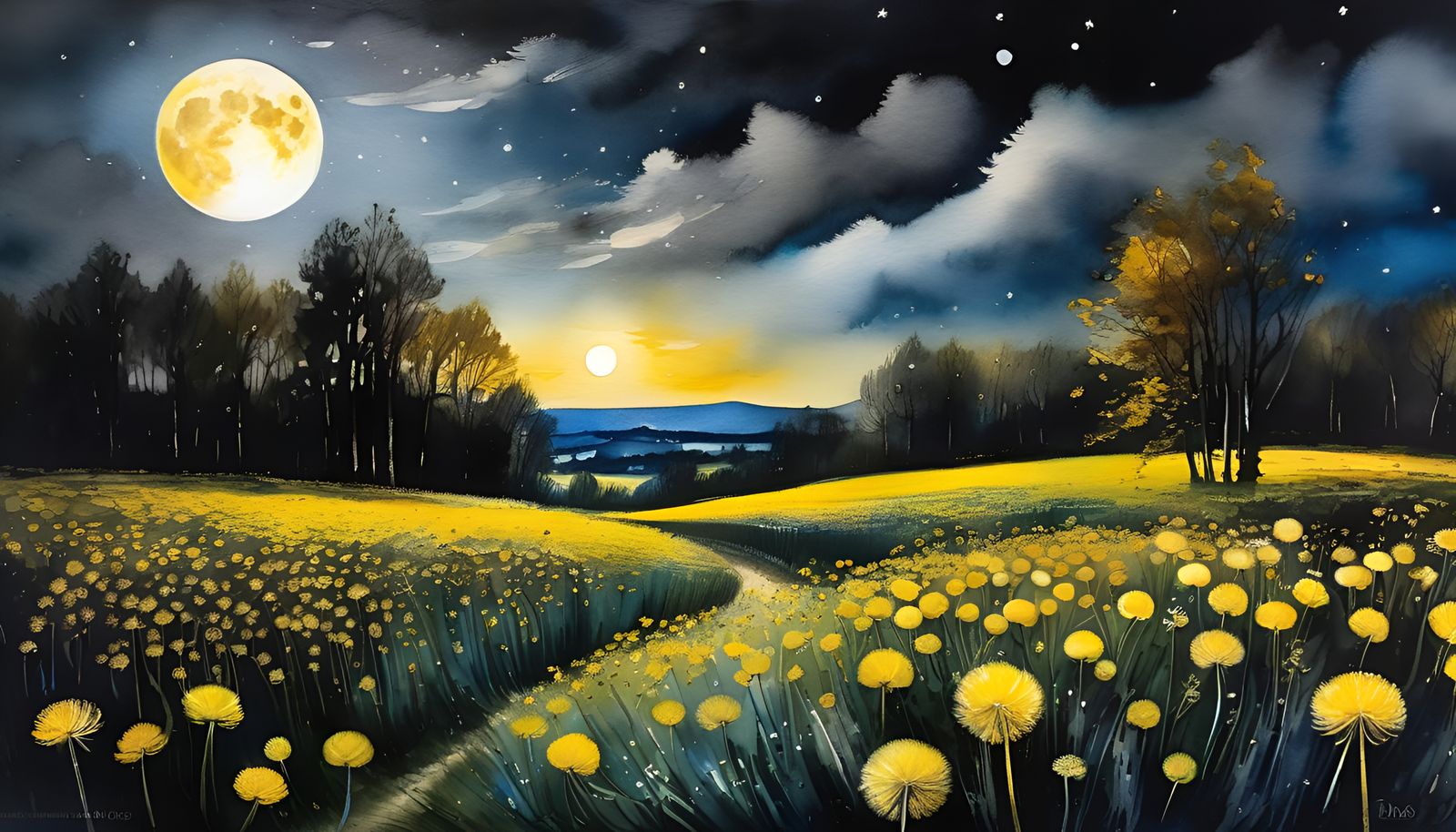 Dreamlike Dandelion Field in Charcoal and Watercolor