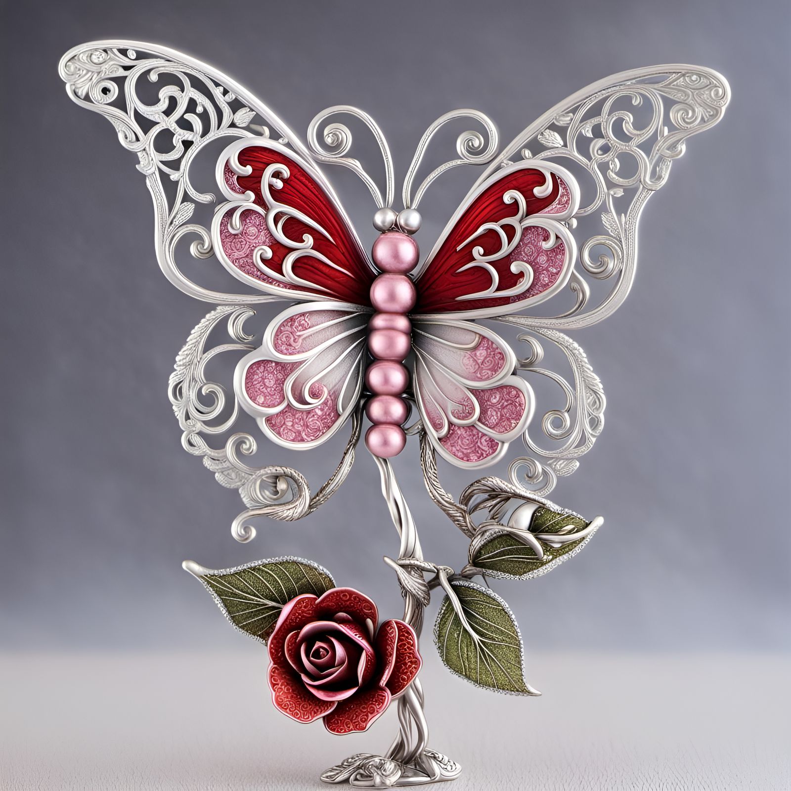 Filigree Silver Butterfly on Rose Branch, 3D Render