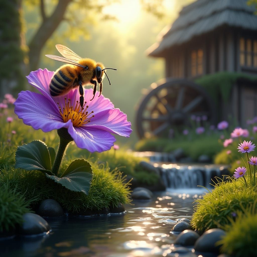 Majestic Honey Bee in Vibrant Fantasy Landscape