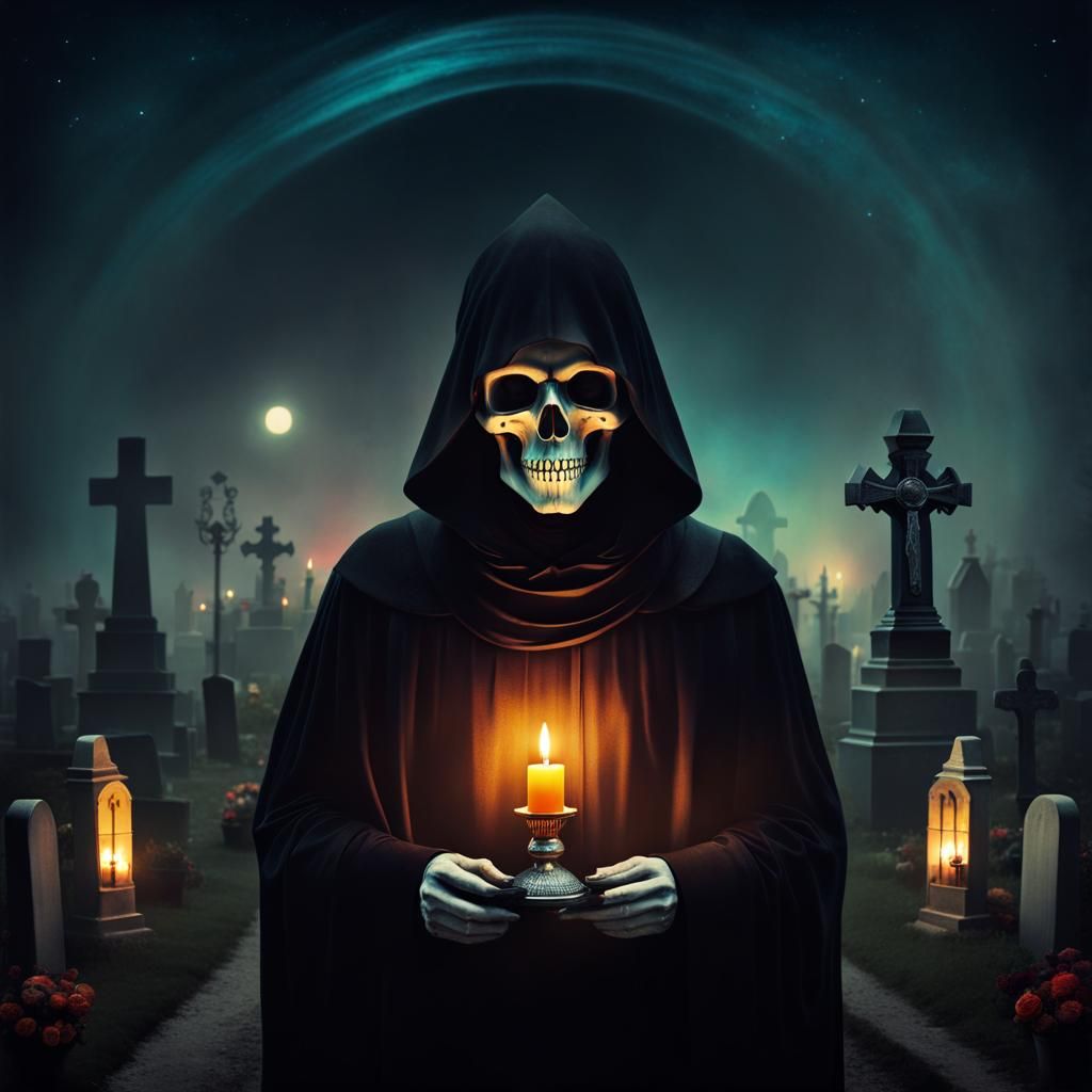 Cosmic Grim Reaper in Cemetery by Candlelight
