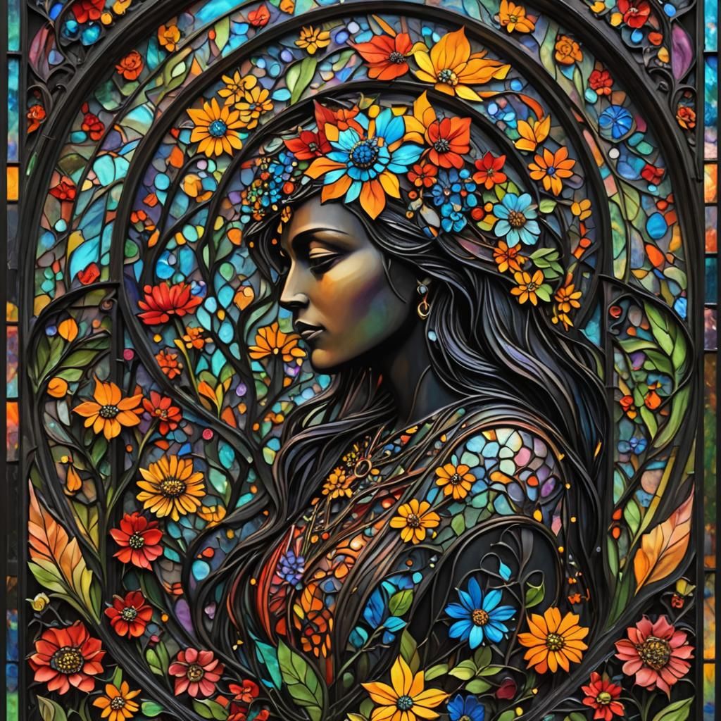 Psychedelic Silhouette with Stained Glass and Sculpture