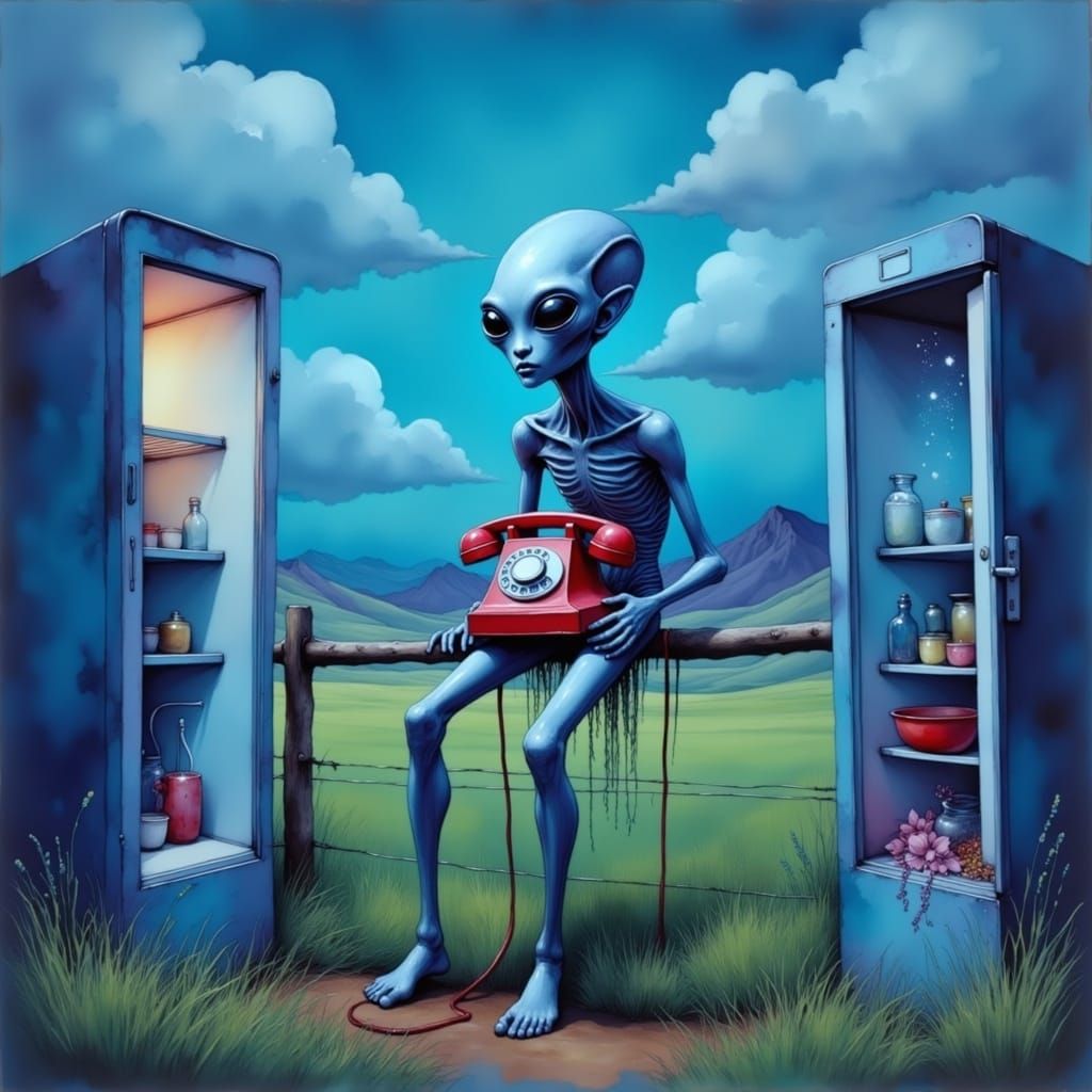 Alien with Rotary Phone in Surreal Landscape