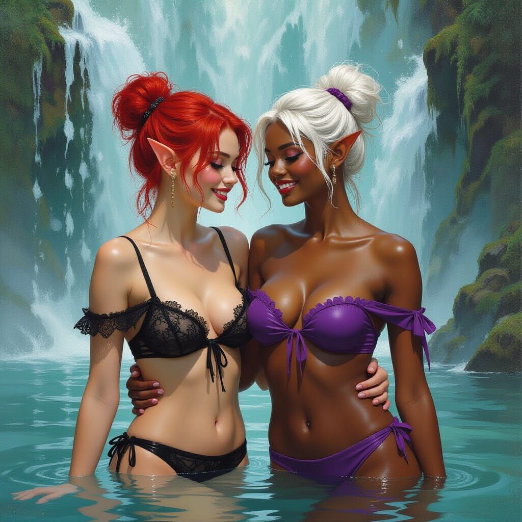 Elves Frolicking Under Waterfall in Fantasy Oil Painting