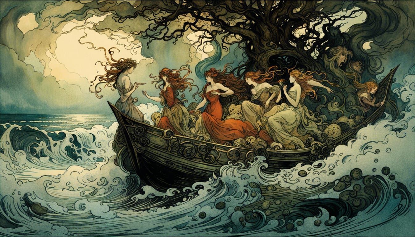 Sirens' Song on Stormy Isle: Detailed Atmospheric Art