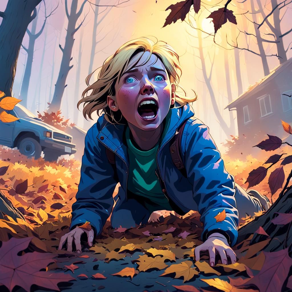 Woman Crawling in Leaves, Shadow in Background