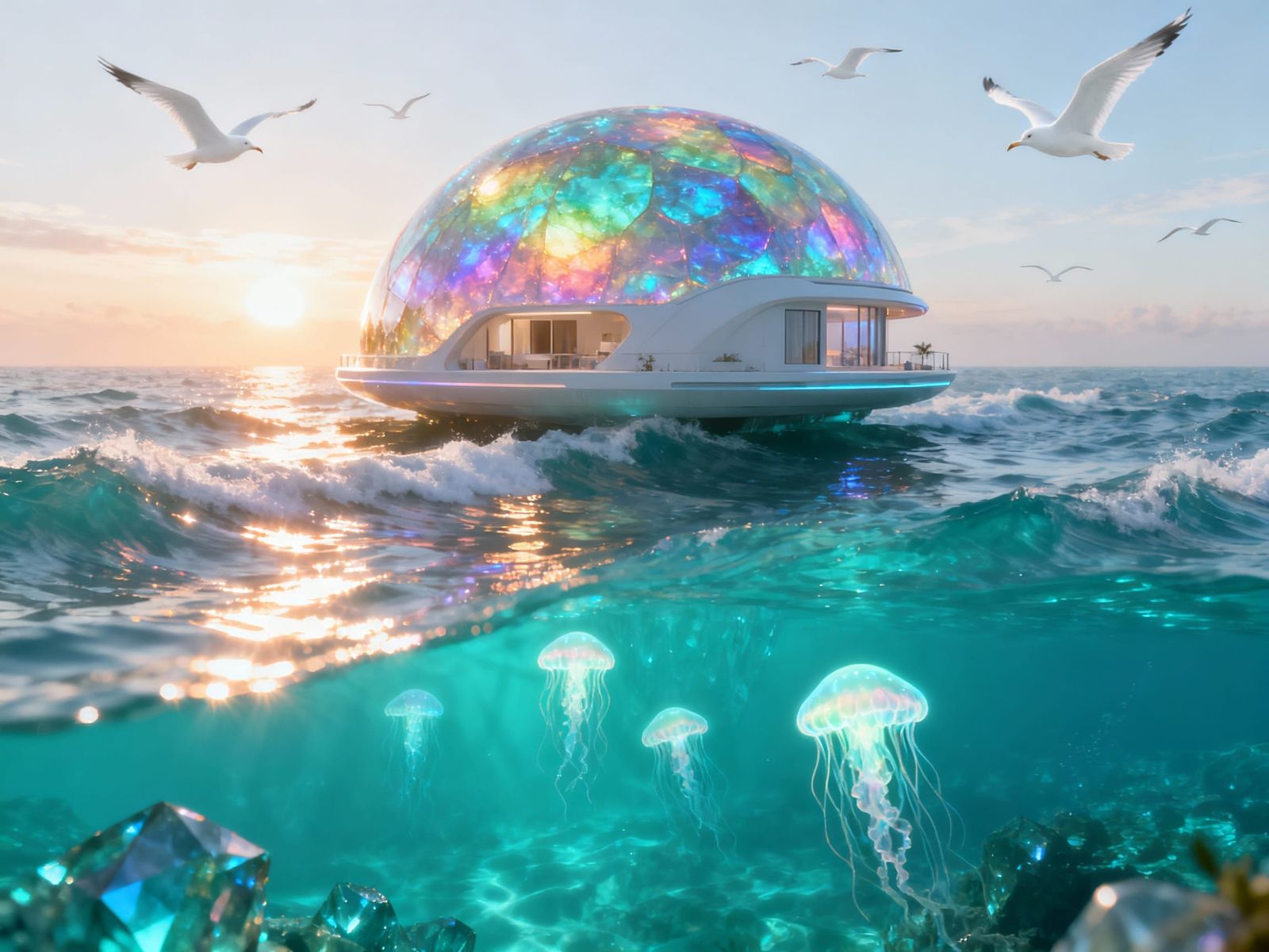 Futuristic Opal Dome House Floating Above Turquoise Ocean at...