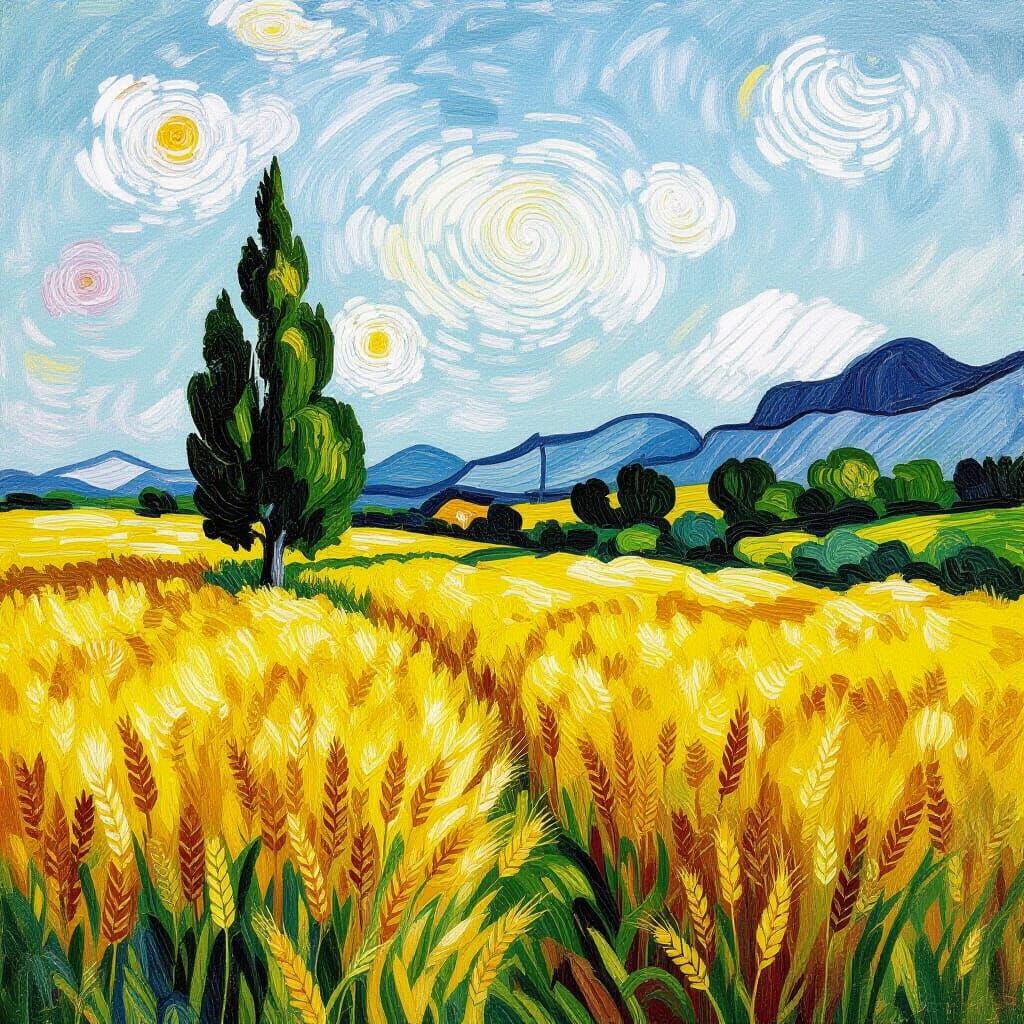 Wheat Field and Cypress Tree in Van Gogh Style